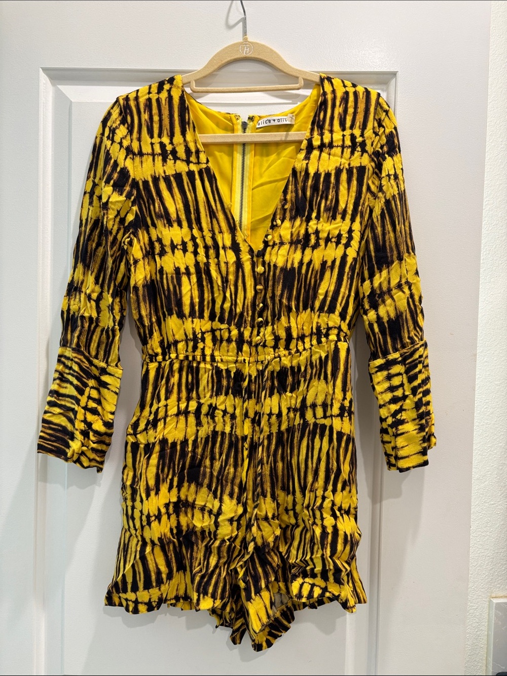 Alice + Olivia Yellow and Black Tie-Dye Long Sleeve Romper Jumpsuit